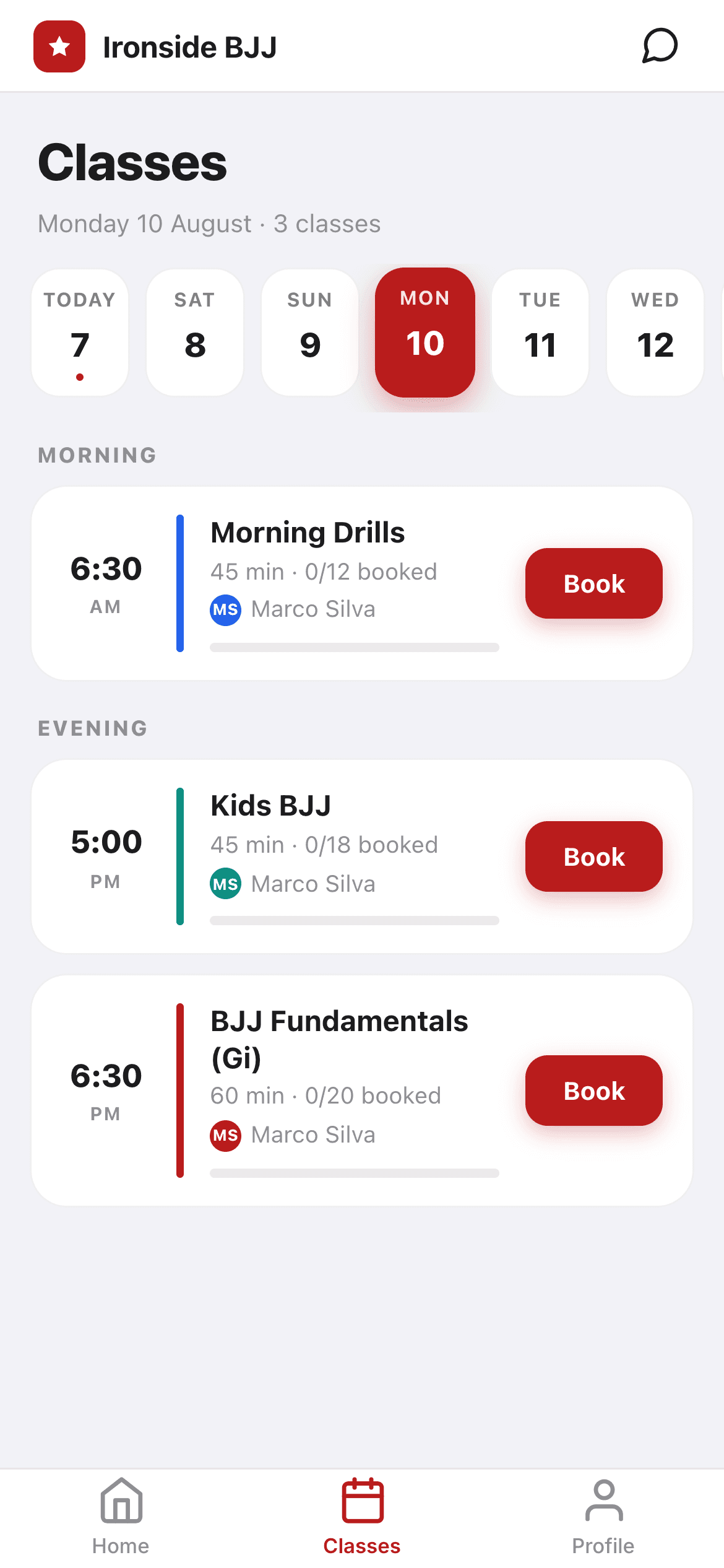The Clubr member app class list, showing three classes with booking buttons
